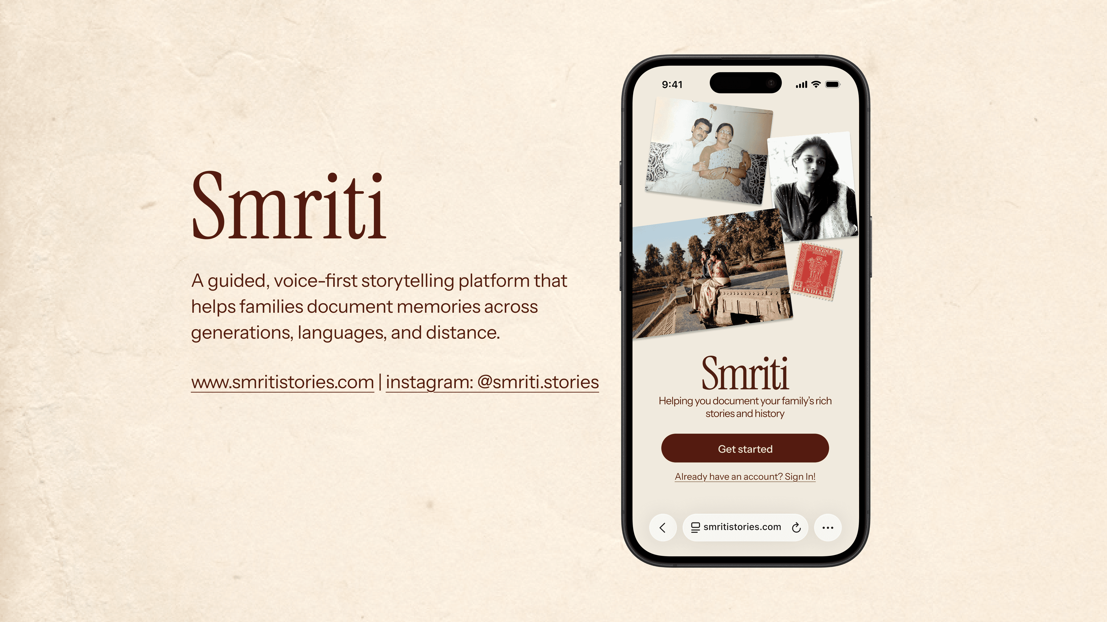 Smriti pitch deck cover and product screen