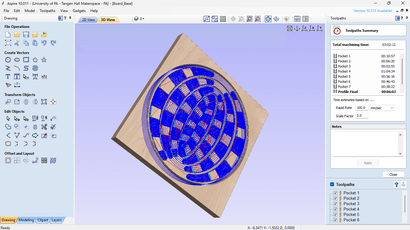 Aspire CNC toolpath simulation for the Space Chess board