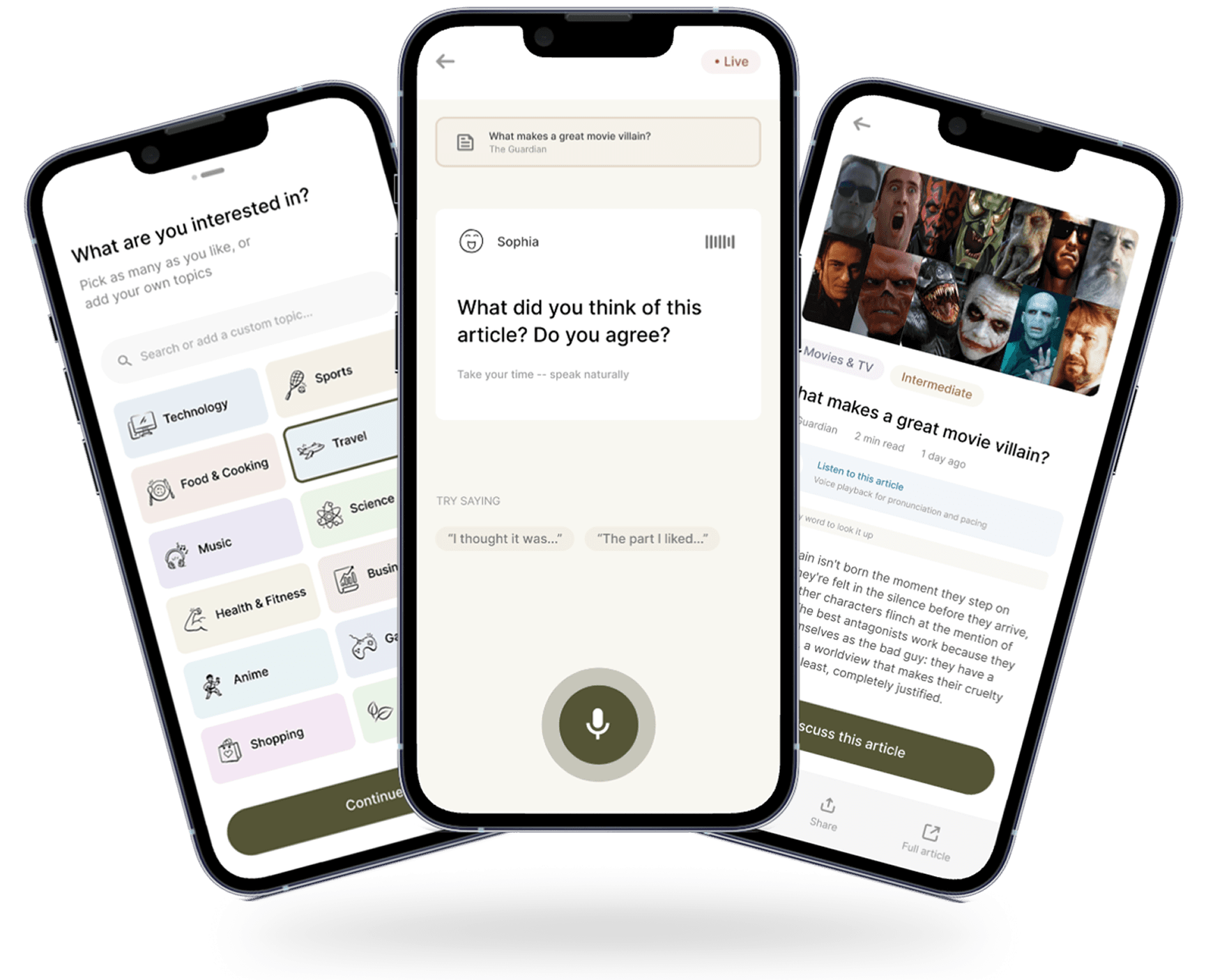 Three SpeakEasy app screens showing interest selection, AI discussion, and article learning