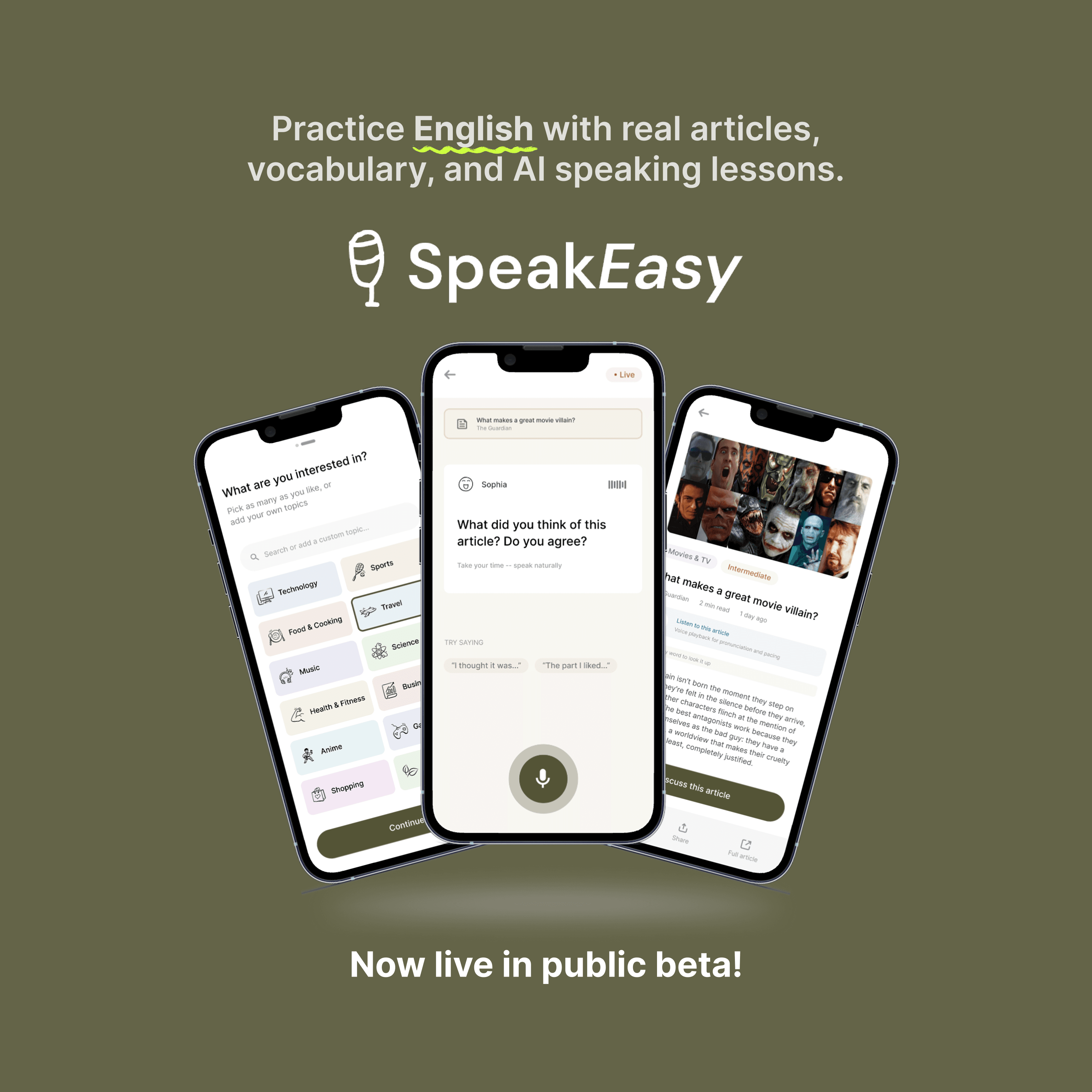 SpeakEasy app screens